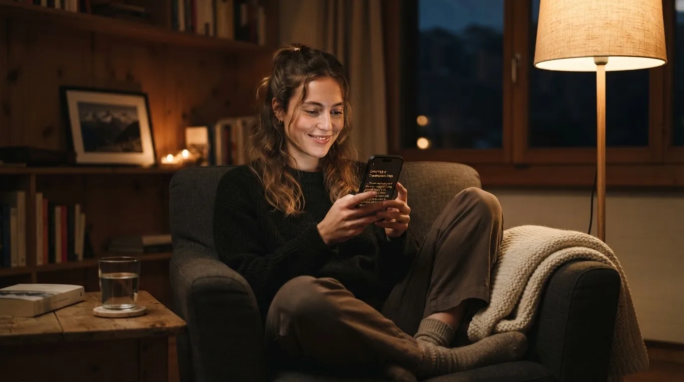 Person sitzt entspannt im Sessel und liest auf ihrem Smartphone, Stehlampe wirft warmes Licht.