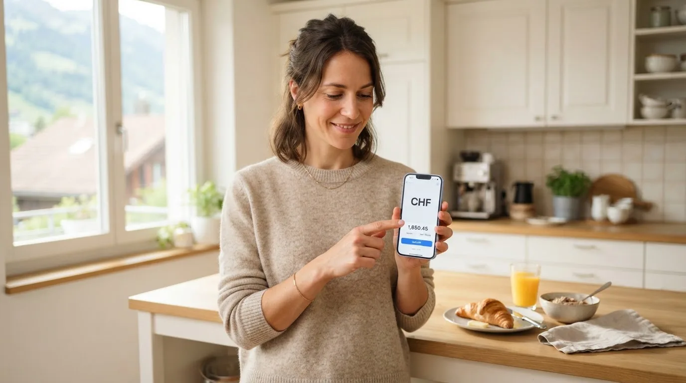 Frau steht in einer hellen Küche und tippt auf ihr Smartphone, Frühstücksgeschirr steht auf der Ablage.