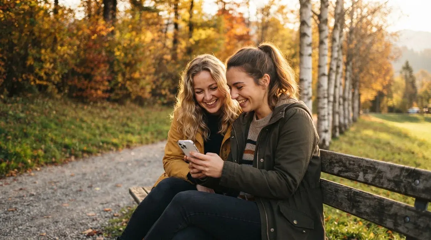 Zwei Freunde sitzen draussen auf einer Bank und schauen zusammen auf ein Smartphone, Herbstlicht.